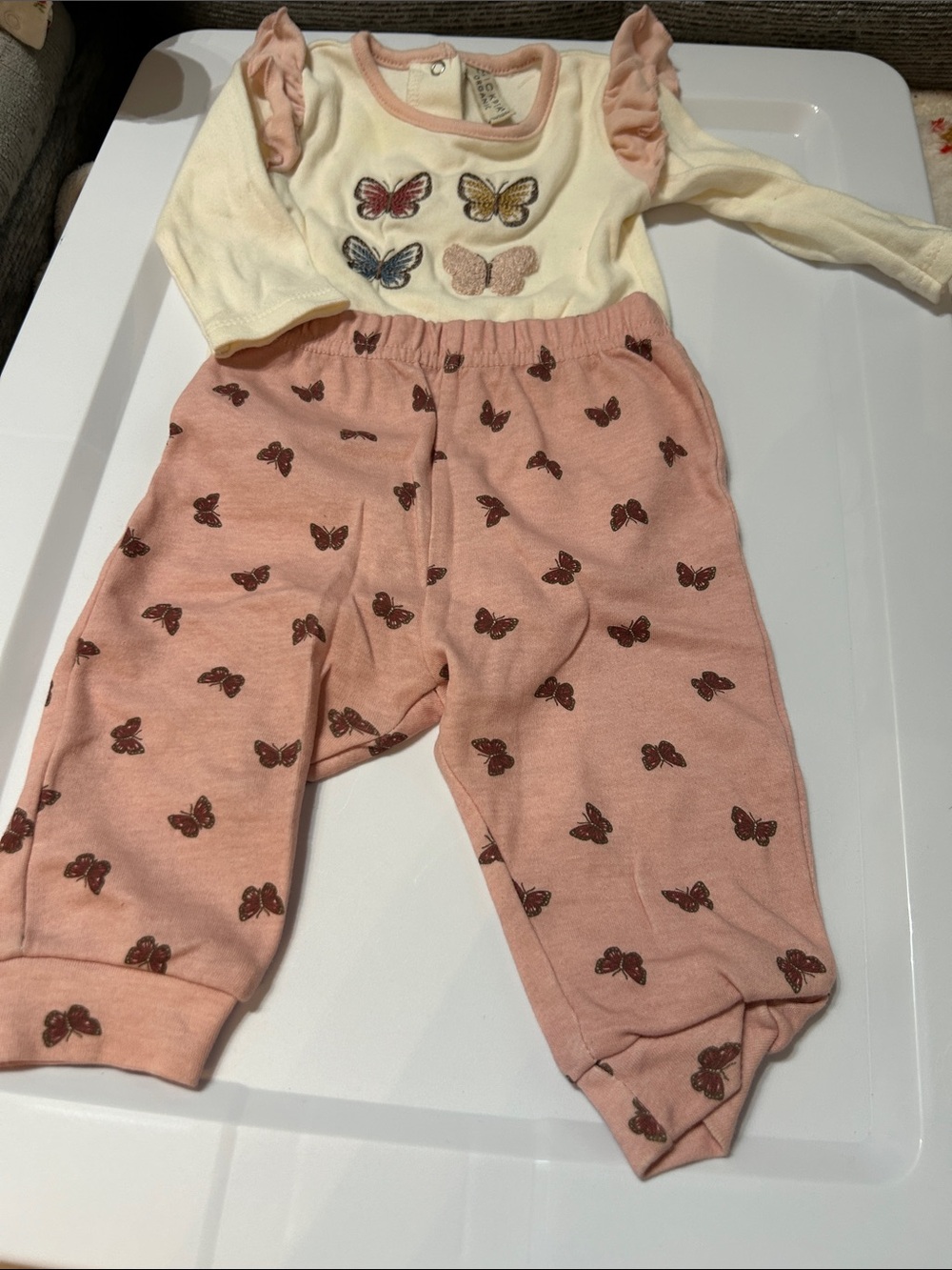 chick pea Cream Top with Pink Butterfly Pants Set